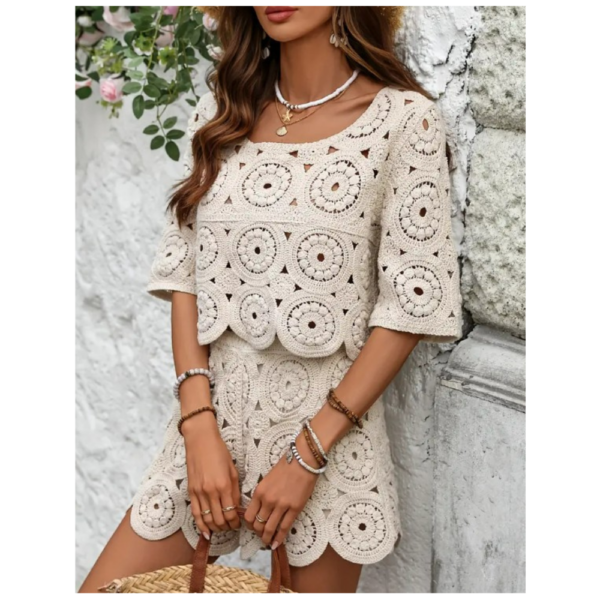 Women's Casual Crew Neck Lace Knit Polyester Shorts and Top, Solid Color