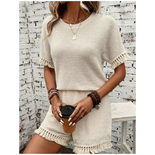 Women's Casual Tassel Trim Two-Piece Set - Crew Neck Short Sleeve Top & Elastic Waist Shorts, Solid Color, Stretchy Polyester Blend